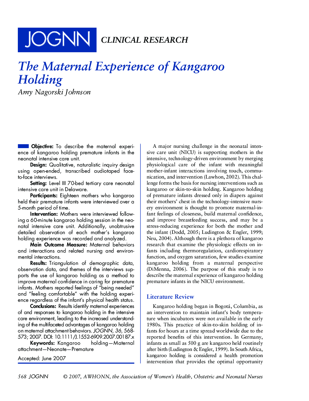 The Maternal Experience of Kangaroo Holding