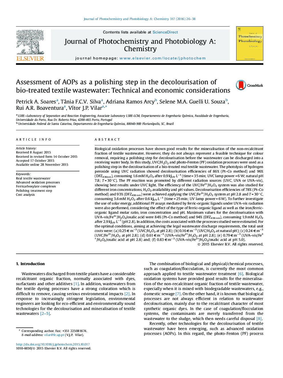 Assessment of AOPs as a polishing step in the decolourisation of bio-treated textile wastewater: Technical and economic considerations