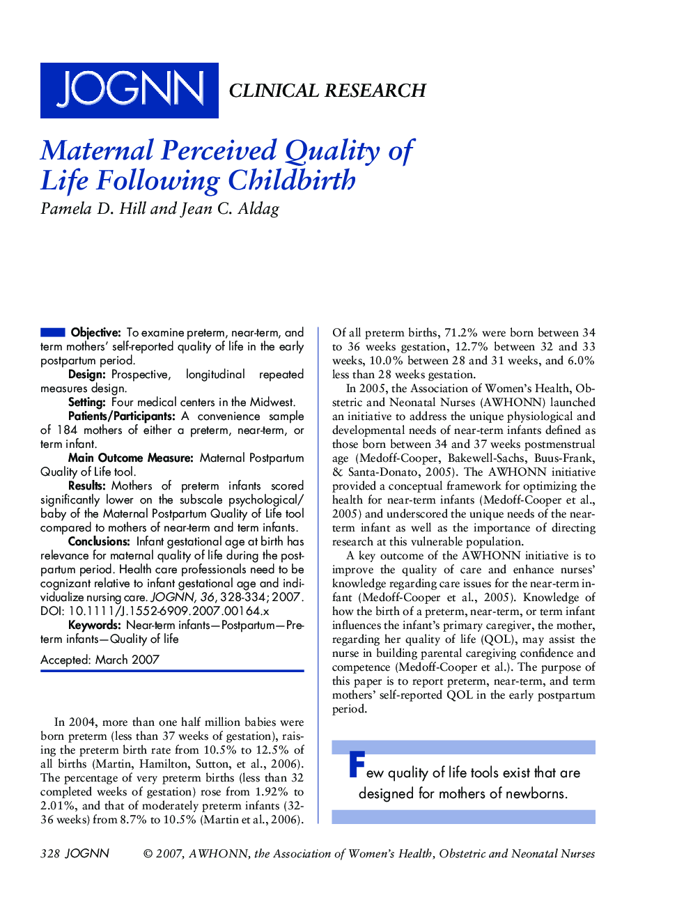 Maternal Perceived Quality of Life Following Childbirth