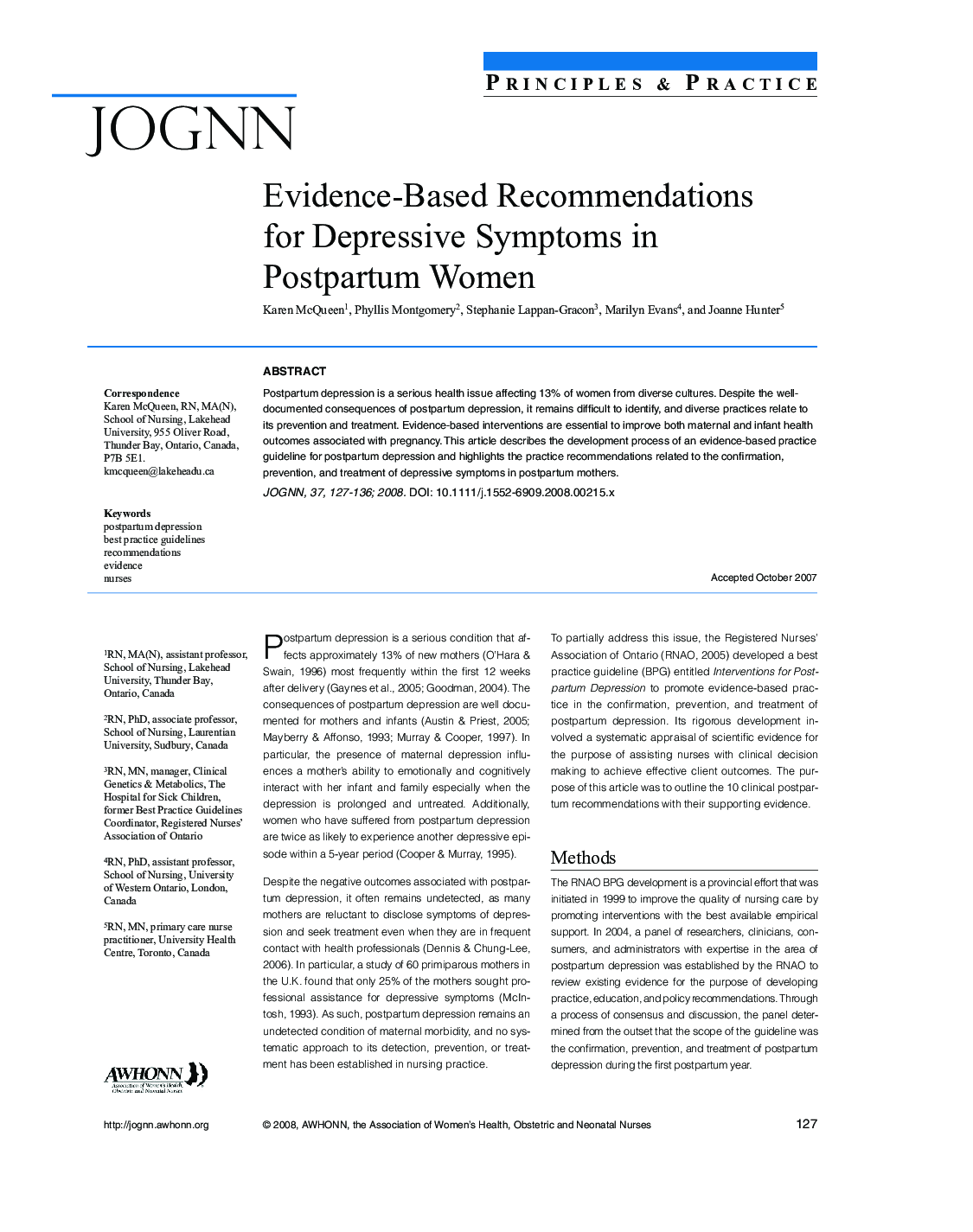 Evidence-Based Recommendations for Depressive Symptoms in Postpartum Women