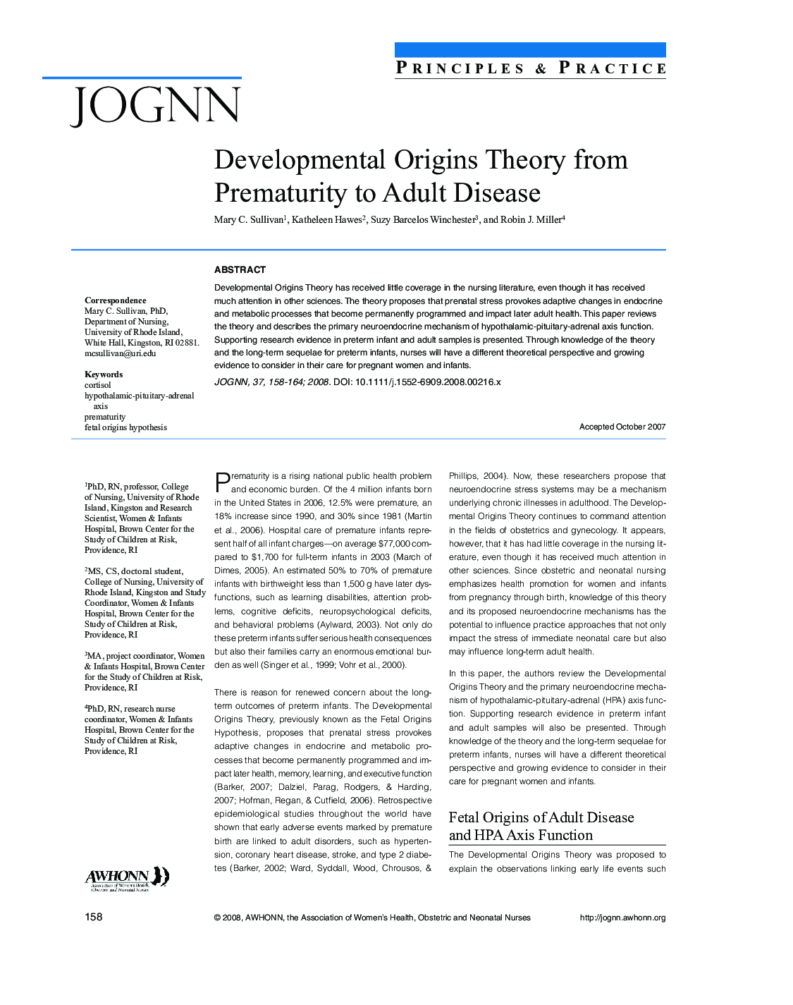 Developmental Origins Theory from Prematurity to Adult Disease