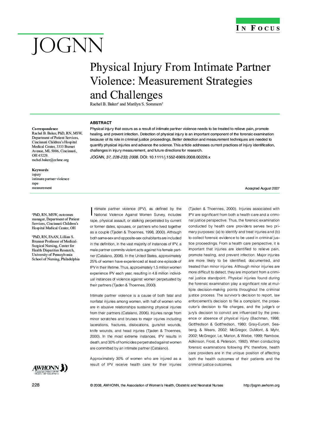 Physical Injury From Intimate Partner Violence: Measurement Strategies and Challenges