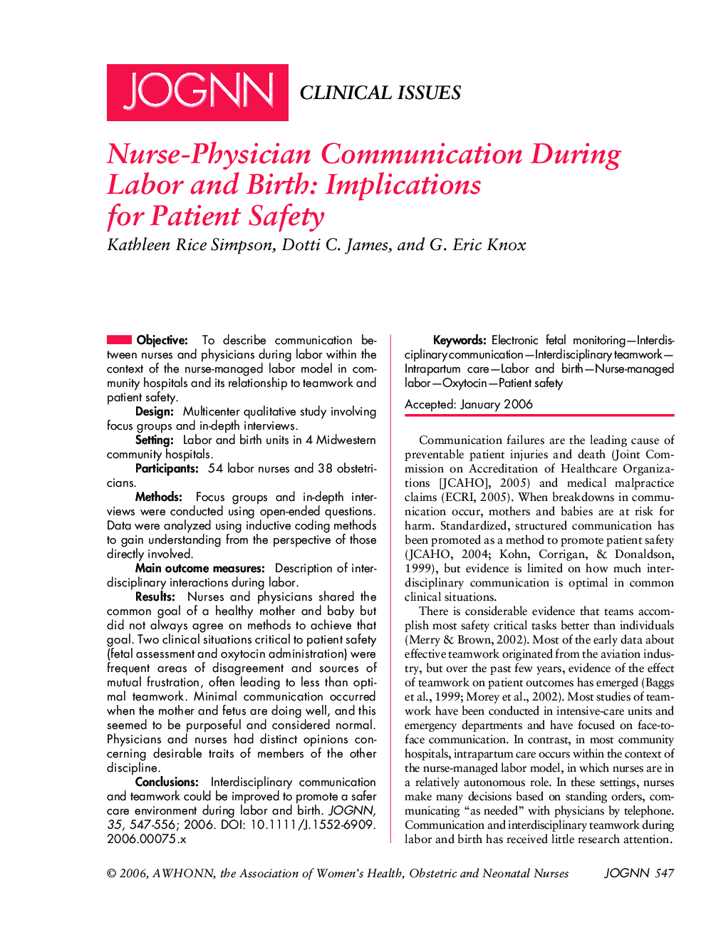 NurseâPhysician Communication During Labor and Birth: Implications for Patient Safety