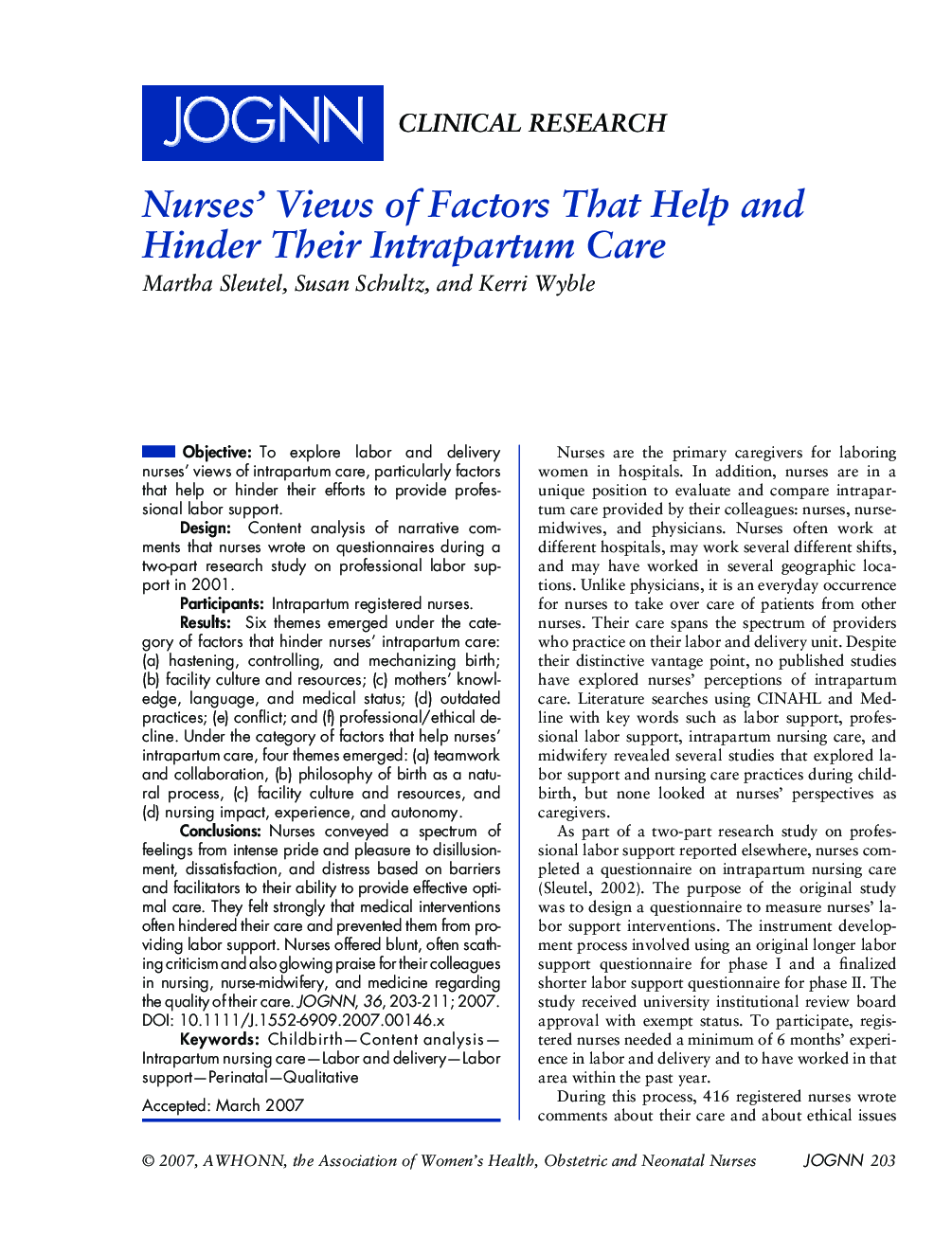 Nurses' Views of Factors That Help and Hinder Their Intrapartum Care