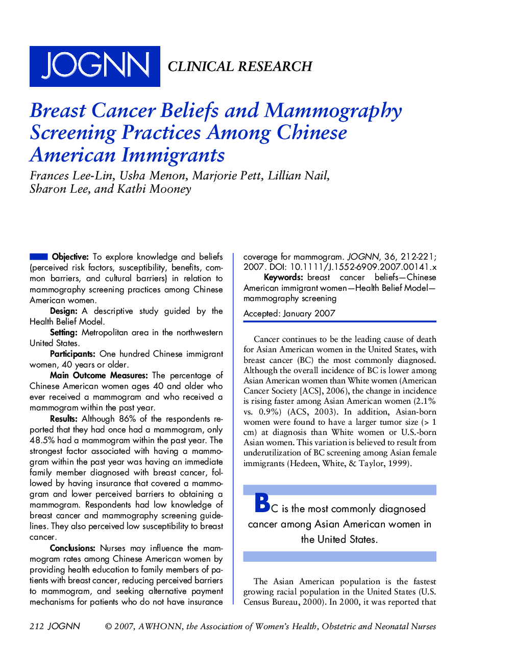 Breast Cancer Beliefs and Mammography Screening Practices Among Chinese American Immigrants
