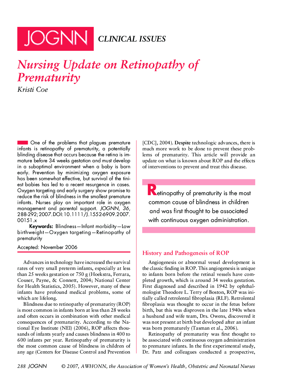 Nursing Update on Retinopathy of Prematurity