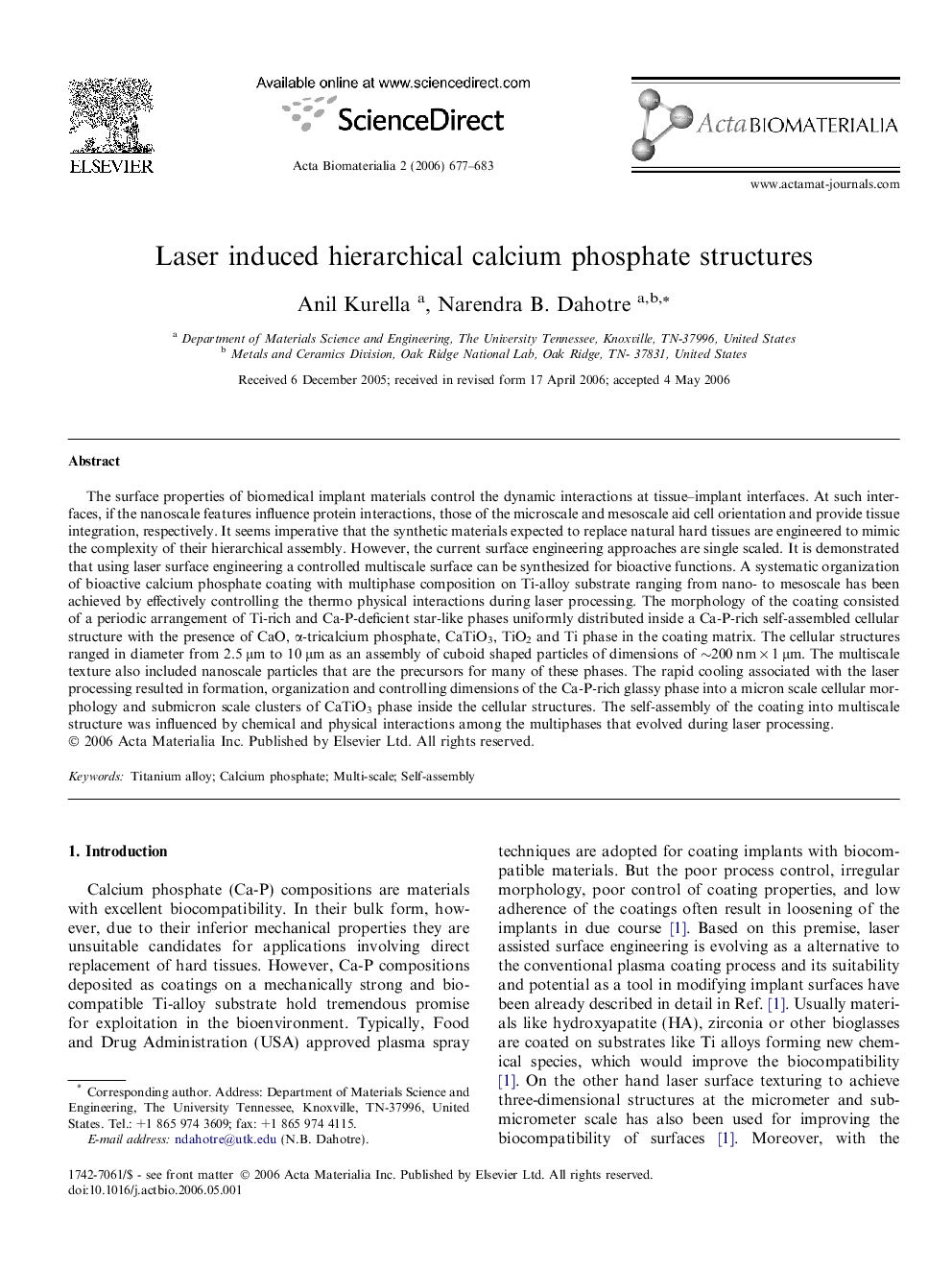 Laser induced hierarchical calcium phosphate structures