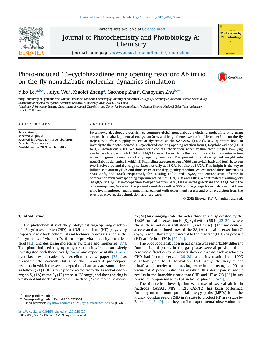 Photo-induced 1,3-cyclohexadiene ring opening reaction: Ab initio on-the-fly nonadiabatic molecular dynamics simulation