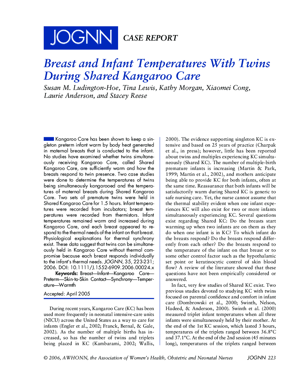 Breast and Infant Temperatures With Twins During Shared Kangaroo Care