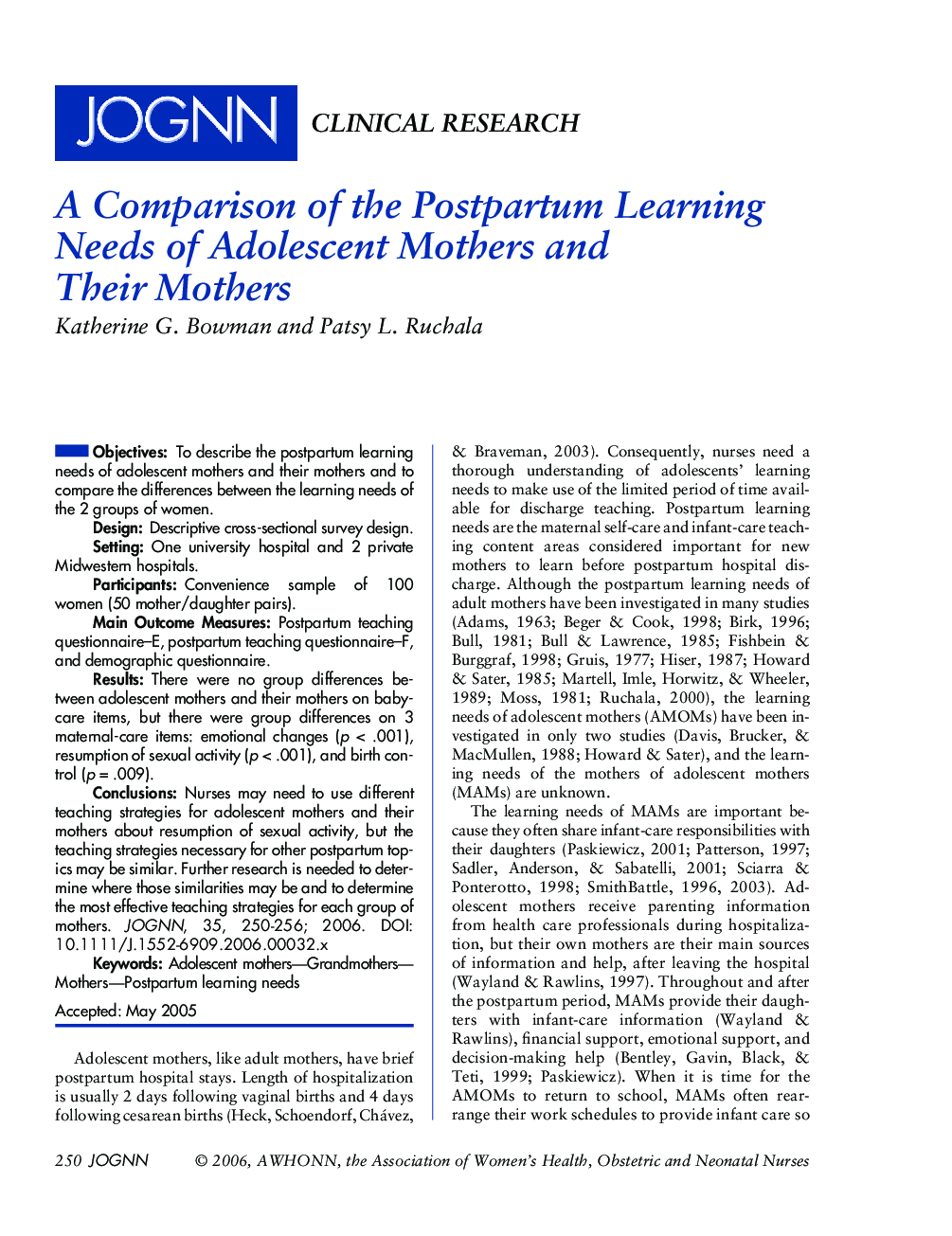 A Comparison of the Postpartum Learning Needs of Adolescent Mothers and Their Mothers