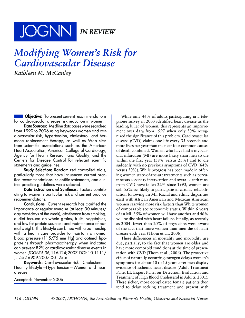 Modifying Women's Risk for Cardiovascular Disease