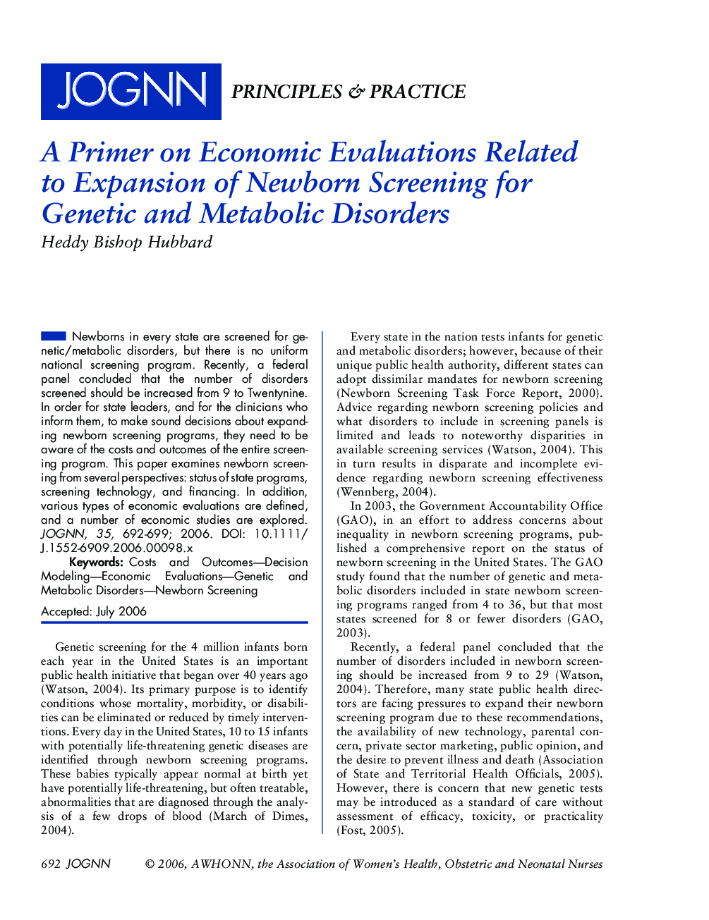 A Primer on Economic Evaluations Related to Expansion of Newborn Screening for Genetic and Metabolic Disorders