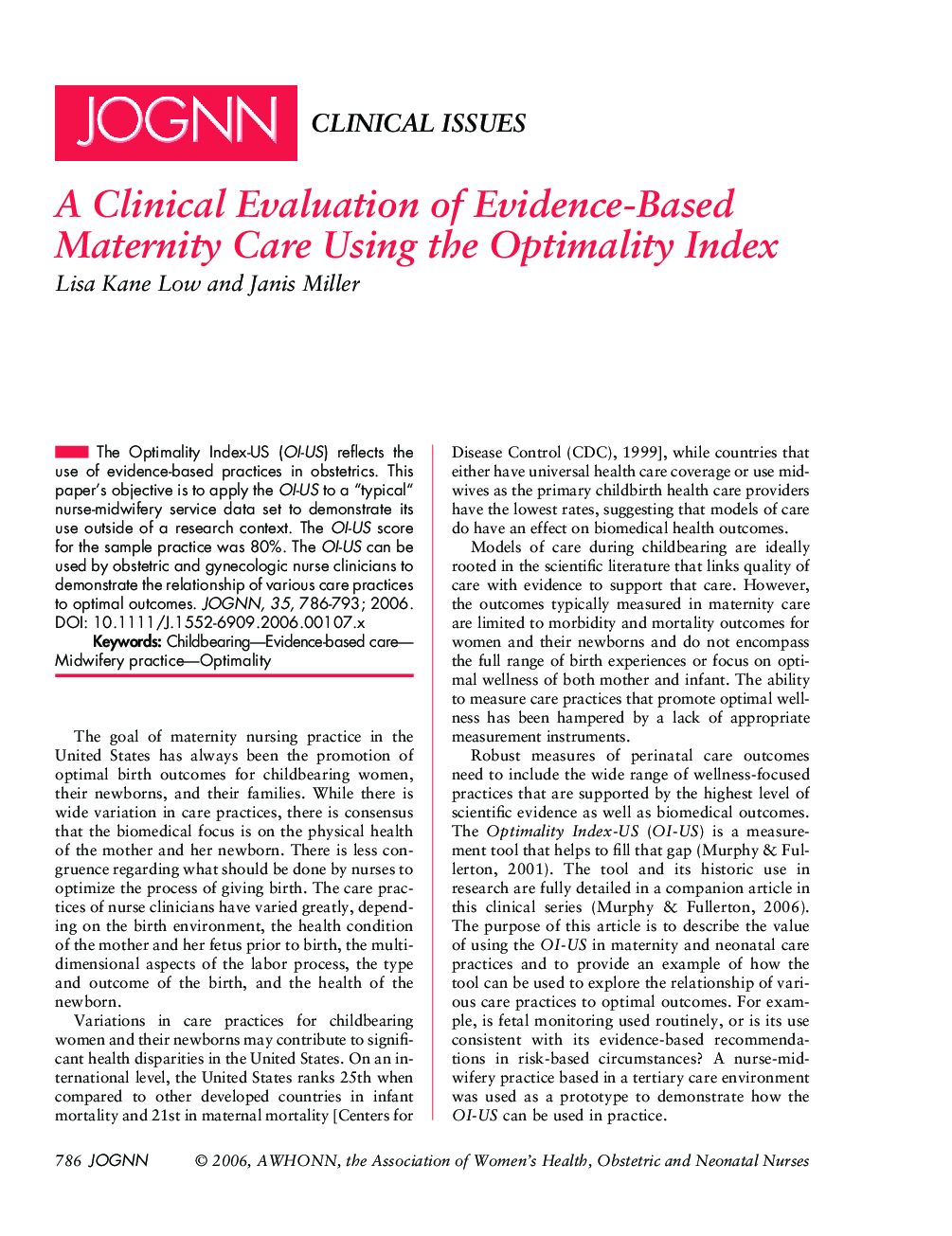 A Clinical Evaluation of EvidenceâBased Maternity Care Using the Optimality Index