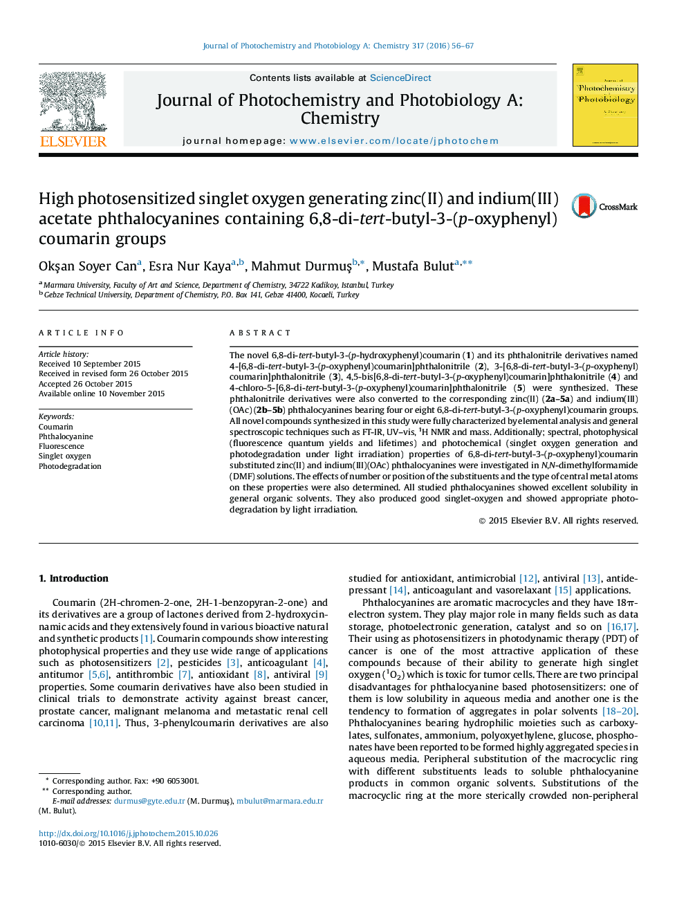 High photosensitized singlet oxygen generating zinc(II) and indium(III) acetate phthalocyanines containing 6,8-di-tert-butyl-3-(p-oxyphenyl)coumarin groups