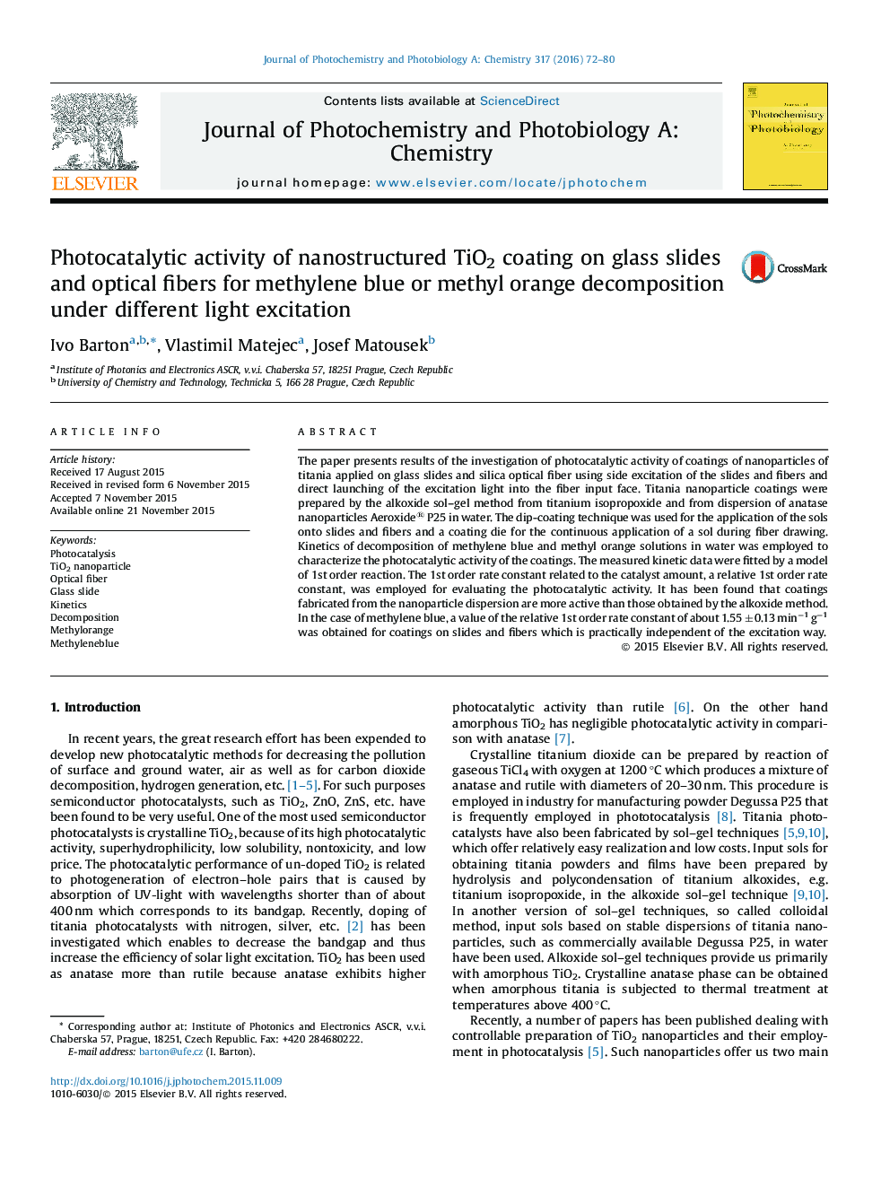 Photocatalytic activity of nanostructured TiO2 coating on glass slides and optical fibers for methylene blue or methyl orange decomposition under different light excitation
