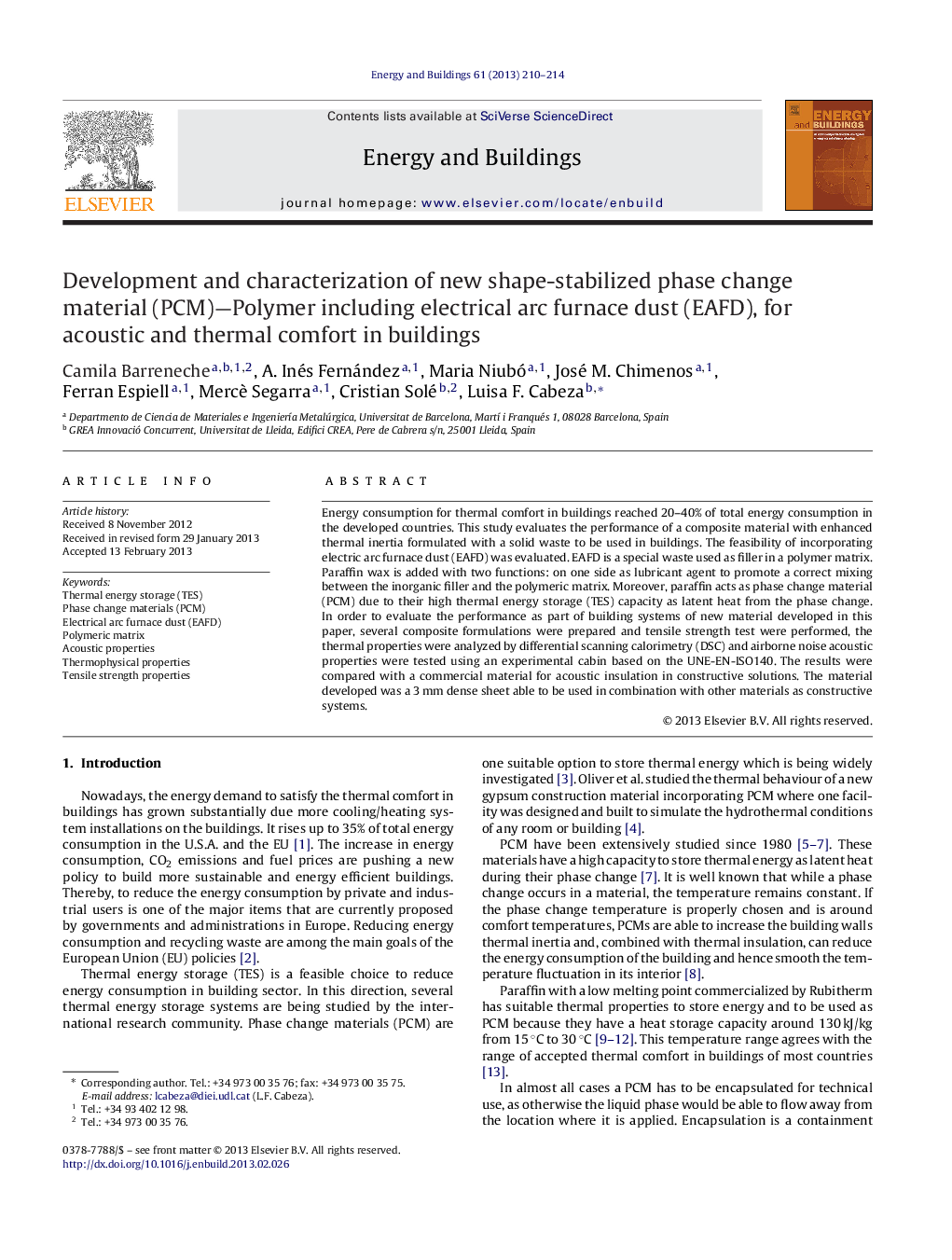 Development and characterization of new shape-stabilized phase change material (PCM)—Polymer including electrical arc furnace dust (EAFD), for acoustic and thermal comfort in buildings