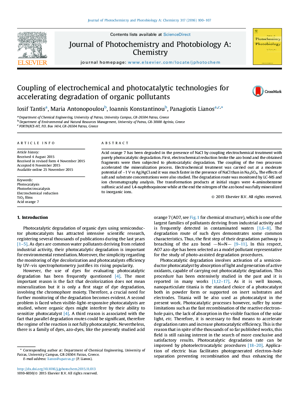 Coupling of electrochemical and photocatalytic technologies for accelerating degradation of organic pollutants