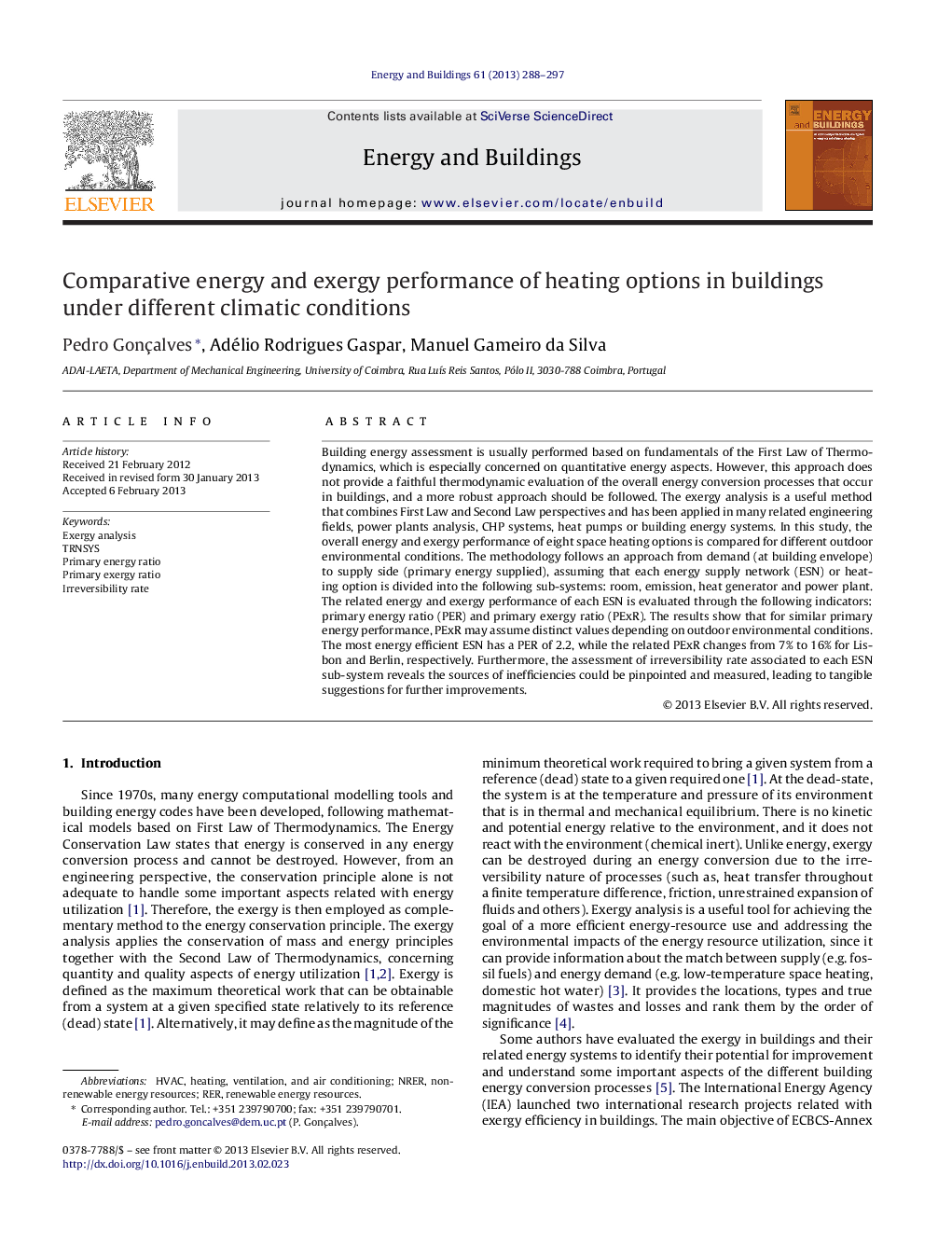 Comparative energy and exergy performance of heating options in buildings under different climatic conditions