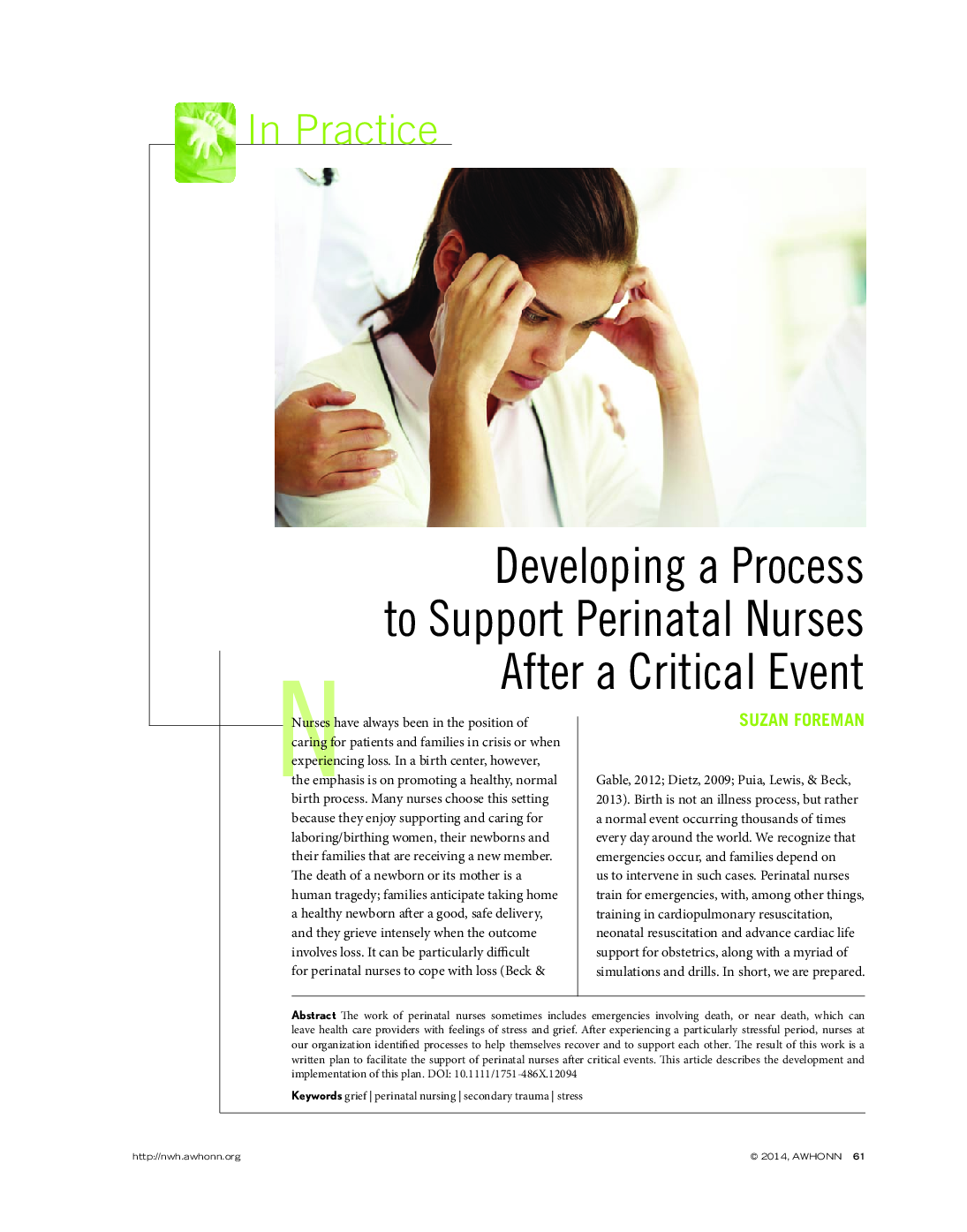 Developing a Process to Support Perinatal Nurses After a Critical Event