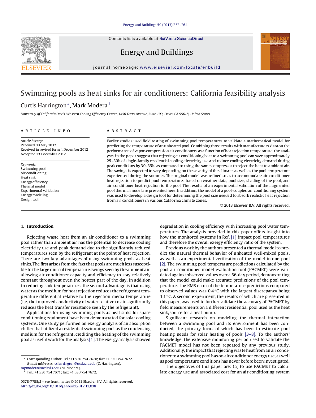 Swimming pools as heat sinks for air conditioners: California feasibility analysis