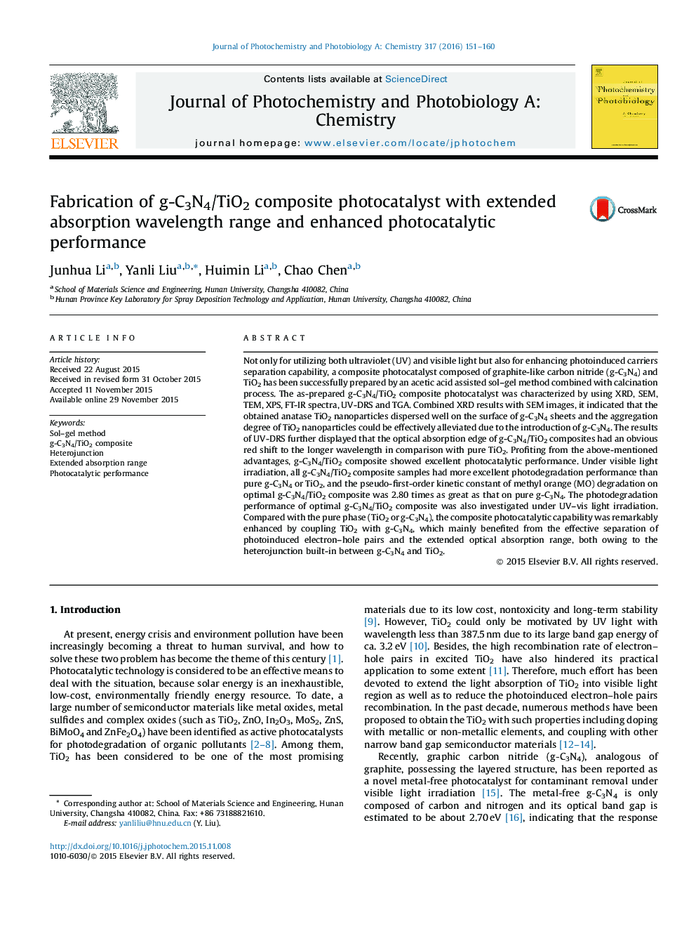 Fabrication of g-C3N4/TiO2 composite photocatalyst with extended absorption wavelength range and enhanced photocatalytic performance