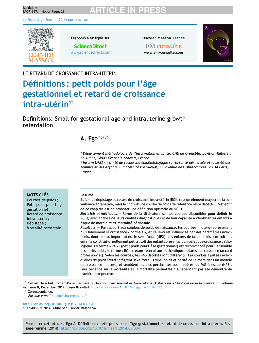 DéfinitionsÂ : petit poids pour l'Ã¢ge gestationnel et retard de croissance intra-utérin