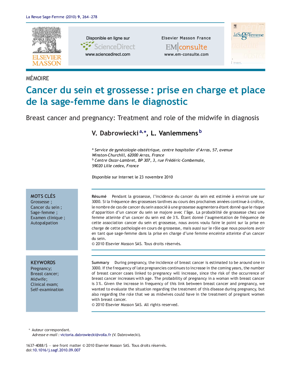 Cancer du sein et grossesseÂ : prise en charge et place de la sage-femme dans le diagnostic