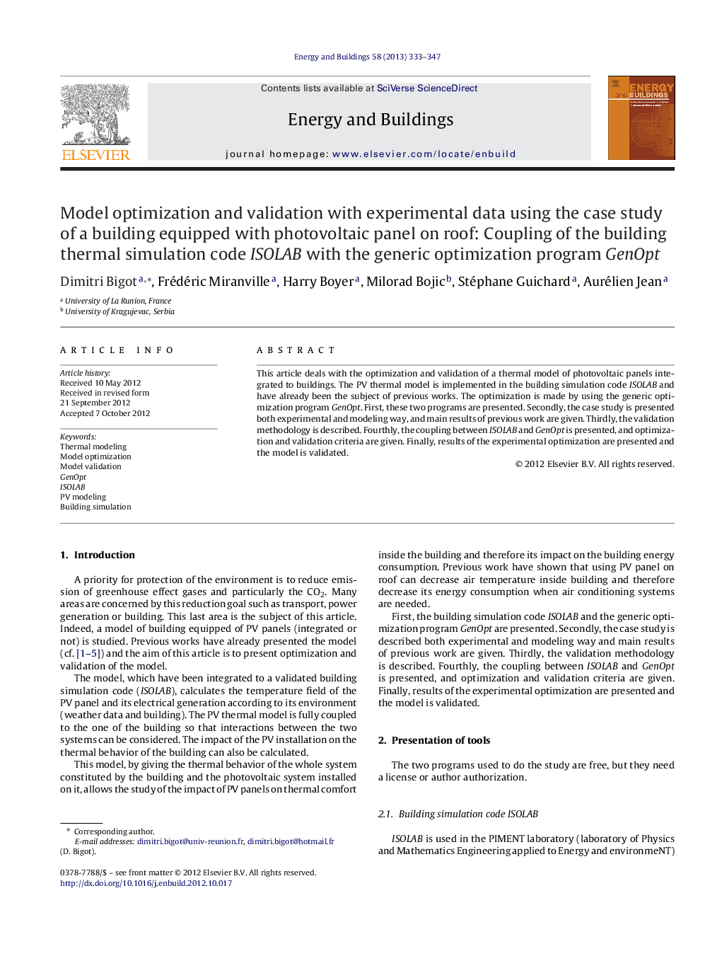 Model optimization and validation with experimental data using the case study of a building equipped with photovoltaic panel on roof: Coupling of the building thermal simulation code ISOLAB with the generic optimization program GenOpt