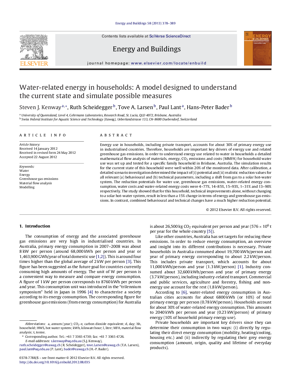 Water-related energy in households: A model designed to understand the current state and simulate possible measures