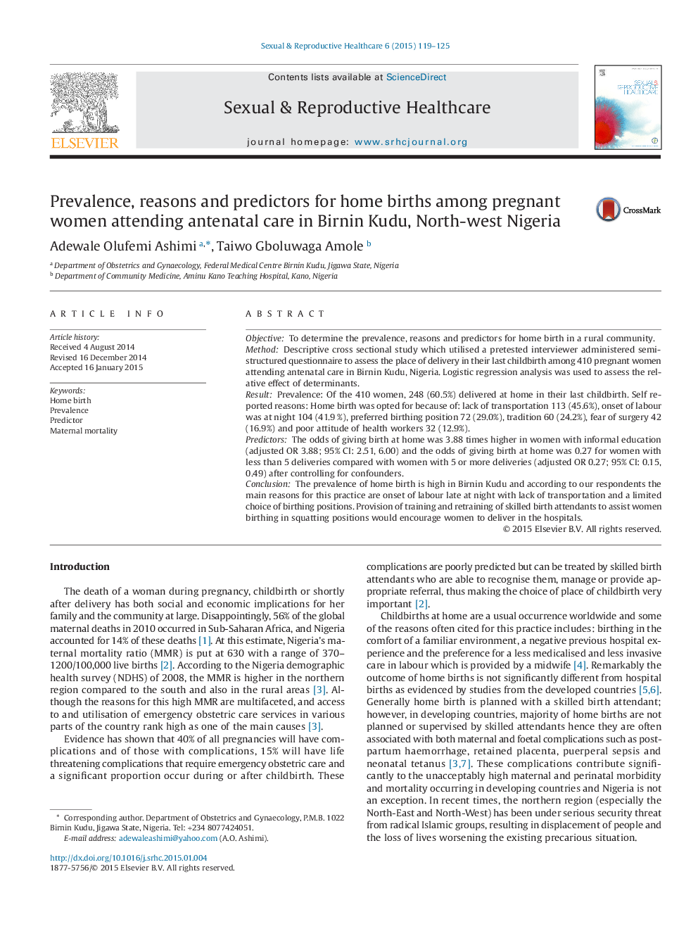 عکس صفحه اول مقاله: Prevalence, reasons and predictors for home births among pregnant women attending antenatal care in Birnin Kudu, North-west Nigeria Prevalence, reasons and predictors for home births among pregnant women attending antenatal care in Birnin Kudu, North-west Nigeria