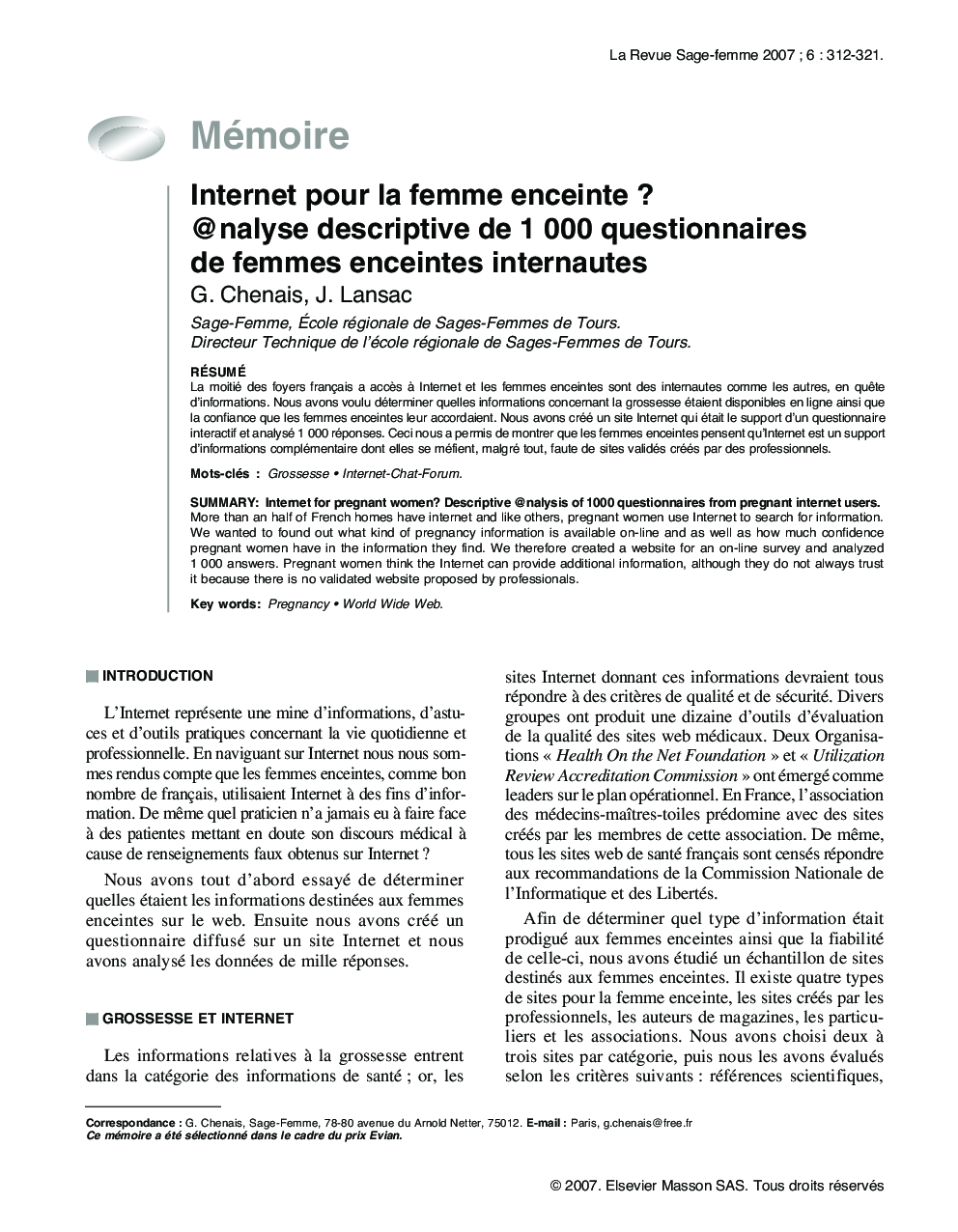 Internet pour la femme enceinte ? @nalyse descriptive de 1 000 questionnaires de femmes enceintes internautes