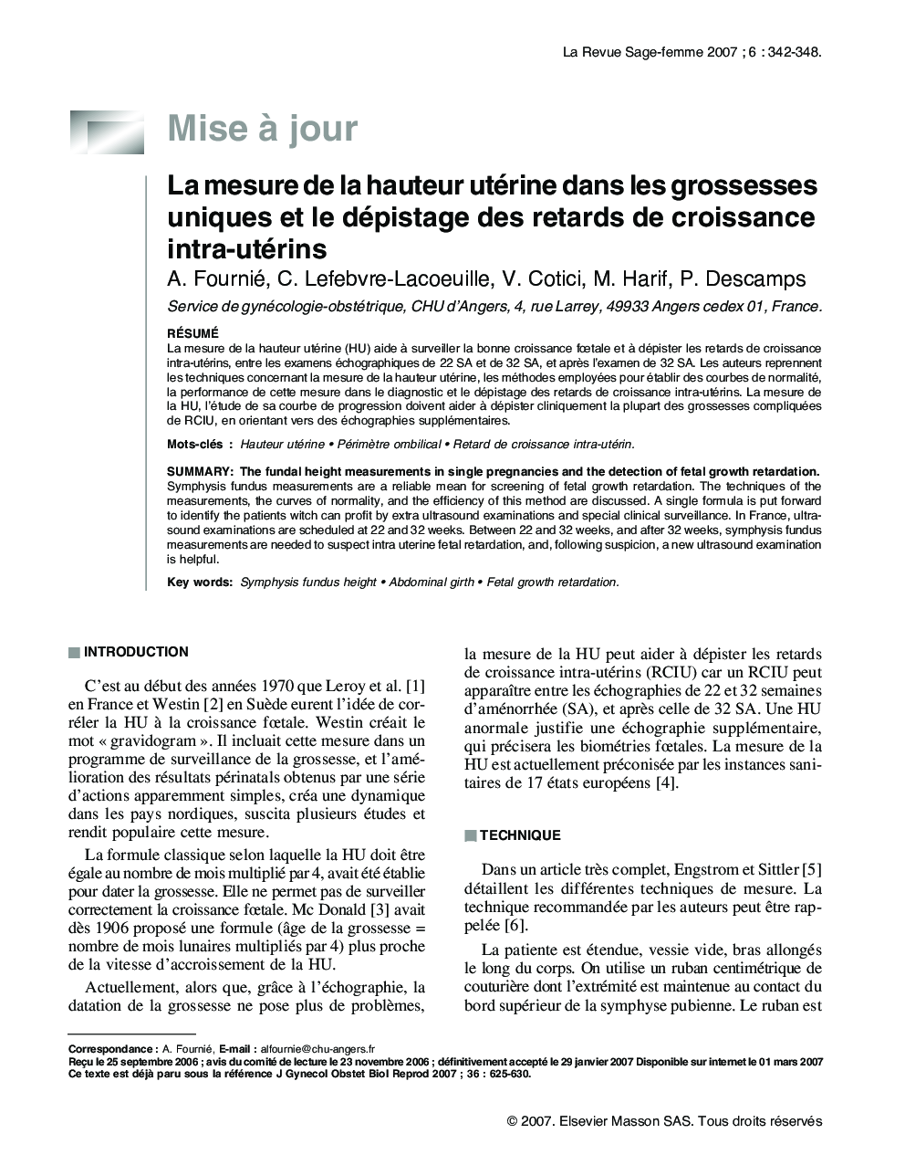 La mesure de la hauteur utérine dans les grossesses uniques et le dépistage des retards de croissance intra-utérins