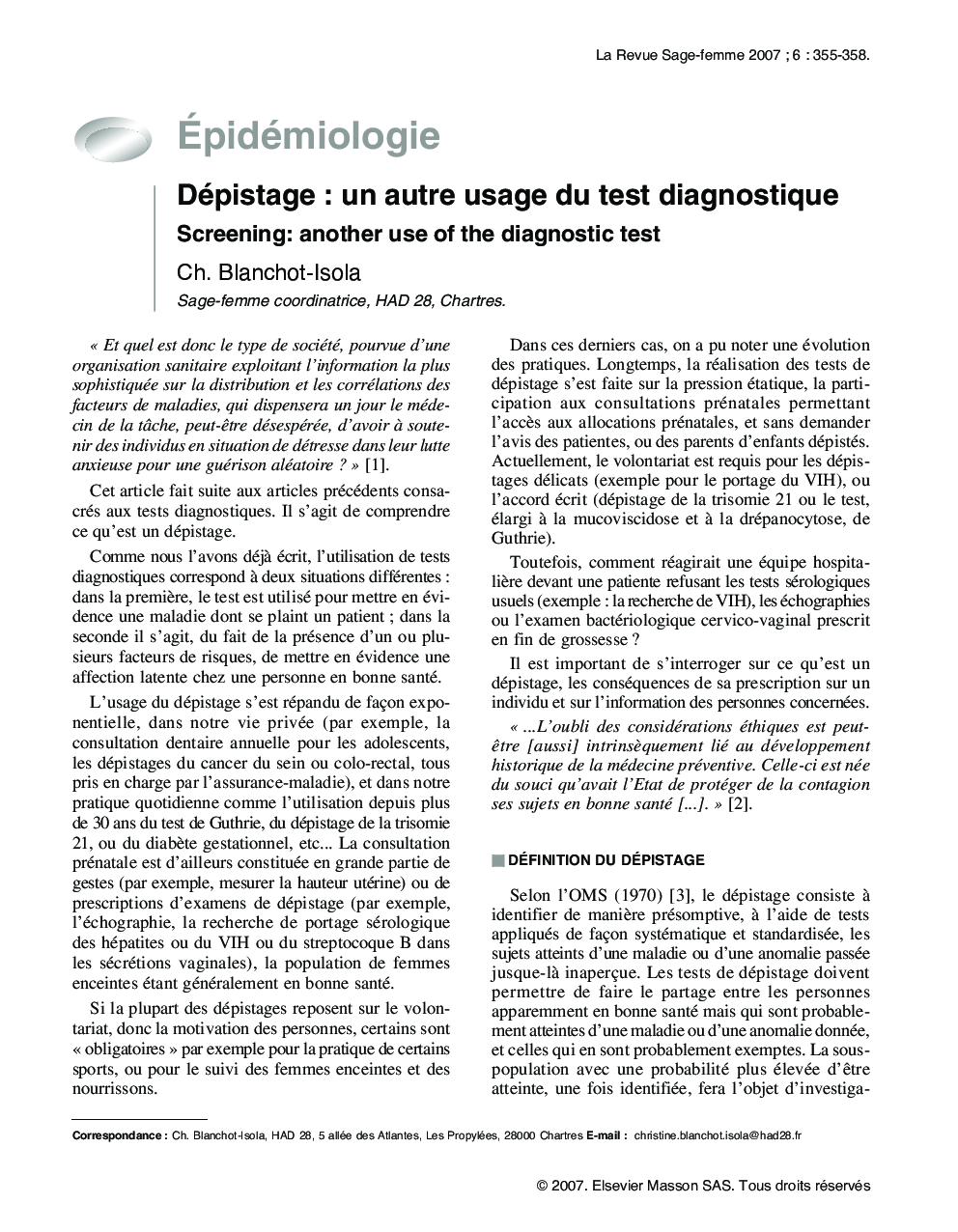 عکس صفحه اول مقاله: Dépistage : un autre usage du test diagnostique Dépistage : un autre usage du test diagnostique