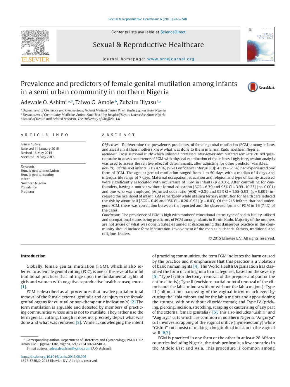 Prevalence and predictors of female genital mutilation among infants in a semi urban community in northern Nigeria