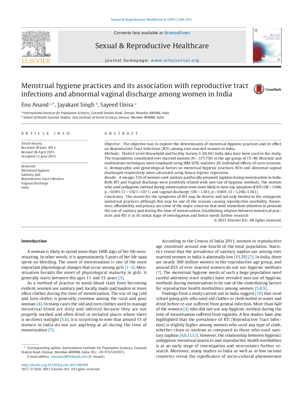 Menstrual hygiene practices and its association with reproductive tract infections and abnormal vaginal discharge among women in India