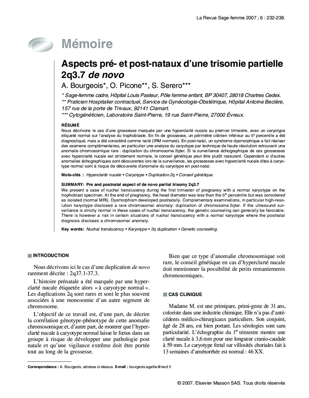 Aspects pré- et post-nataux d'une trisomie partielle 2q3.7 de novo