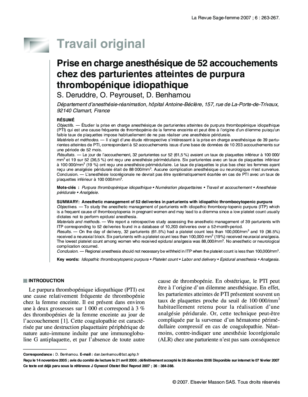 Prise en charge anesthésique de 52 accouchements chez des parturientes atteintes de purpura thrombopénique idiopathique