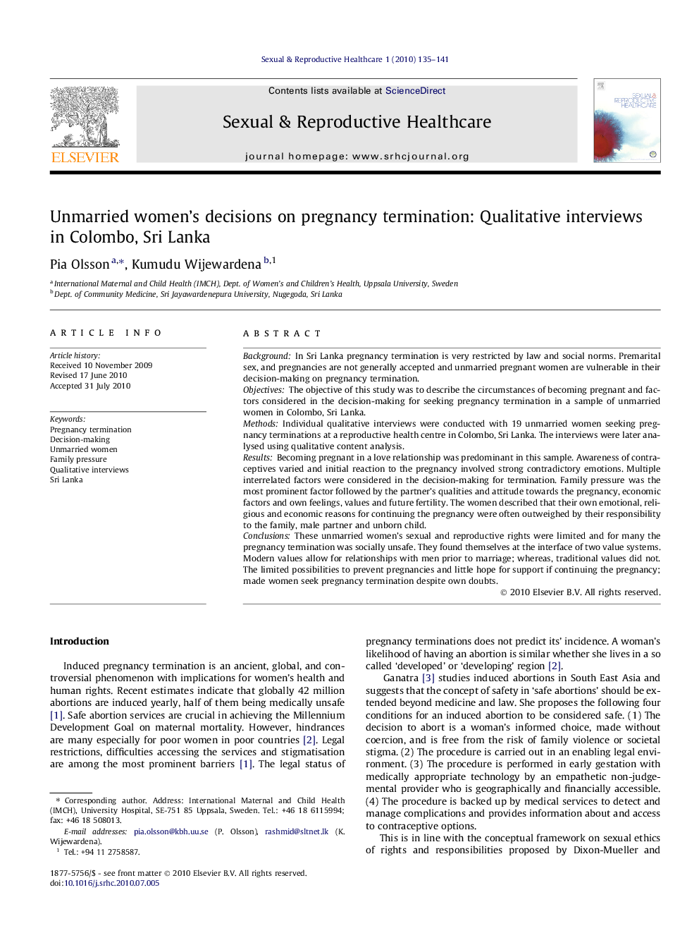 Unmarried women’s decisions on pregnancy termination: Qualitative interviews in Colombo, Sri Lanka