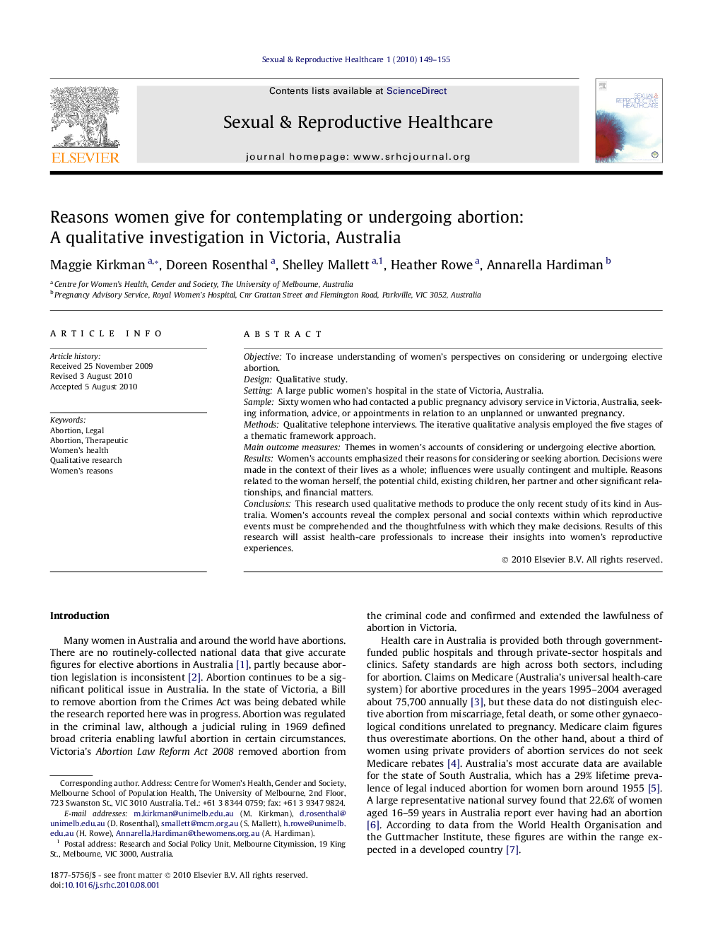 Reasons women give for contemplating or undergoing abortion: A qualitative investigation in Victoria, Australia