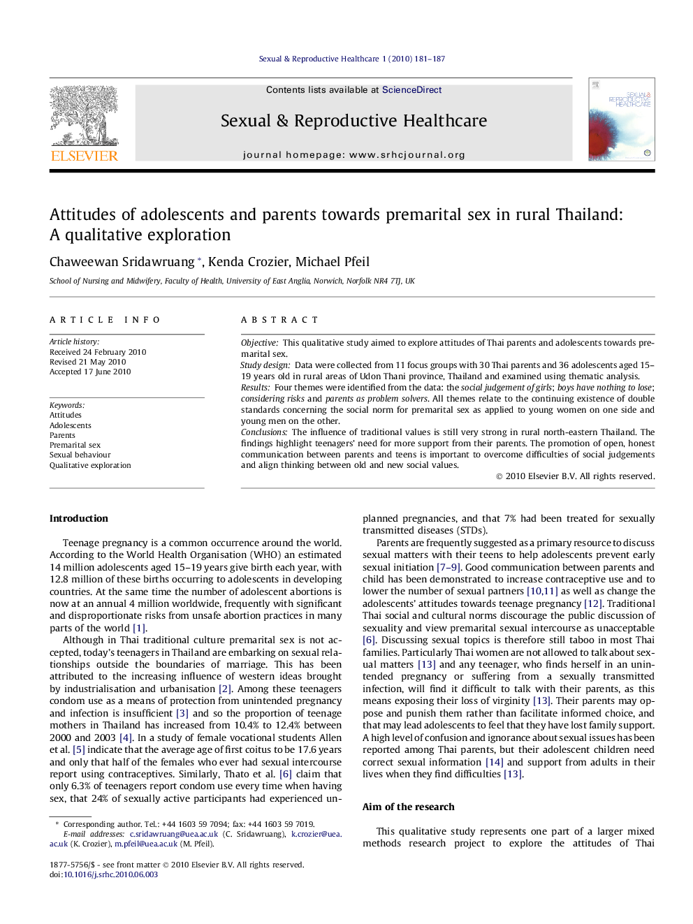 Attitudes of adolescents and parents towards premarital sex in rural Thailand: A qualitative exploration