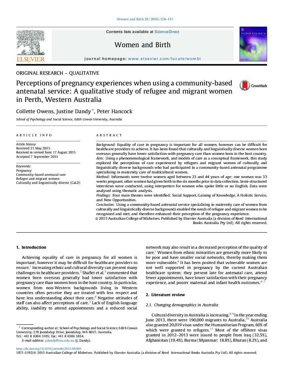 Perceptions of pregnancy experiences when using a community-based antenatal service: A qualitative study of refugee and migrant women in Perth, Western Australia