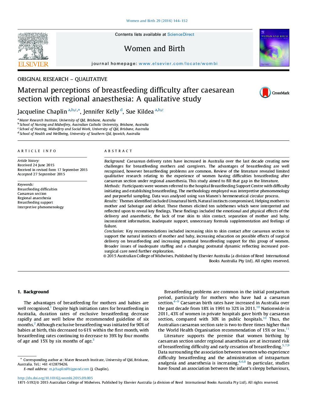Maternal perceptions of breastfeeding difficulty after caesarean section with regional anaesthesia: A qualitative study