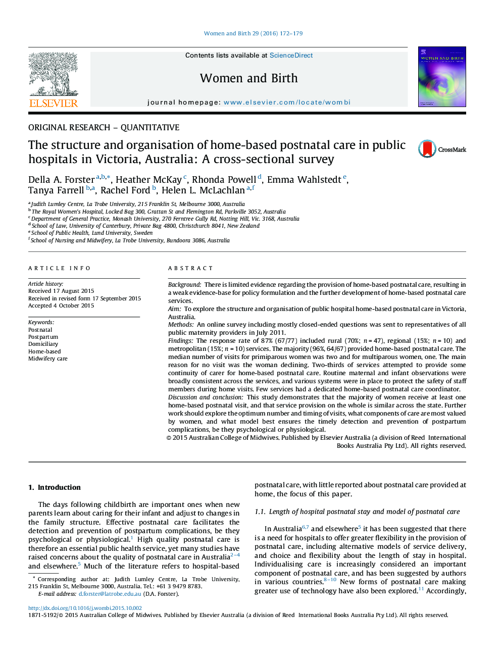 The structure and organisation of home-based postnatal care in public hospitals in Victoria, Australia: A cross-sectional survey