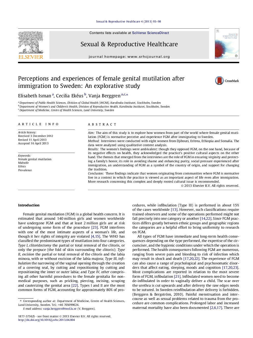 Perceptions and experiences of female genital mutilation after immigration to Sweden: An explorative study