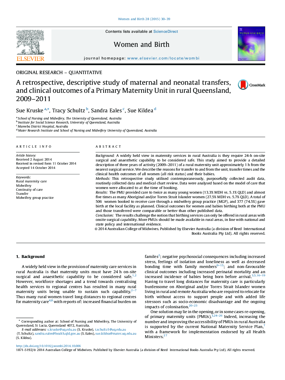 A retrospective, descriptive study of maternal and neonatal transfers, and clinical outcomes of a Primary Maternity Unit in rural Queensland, 2009–2011