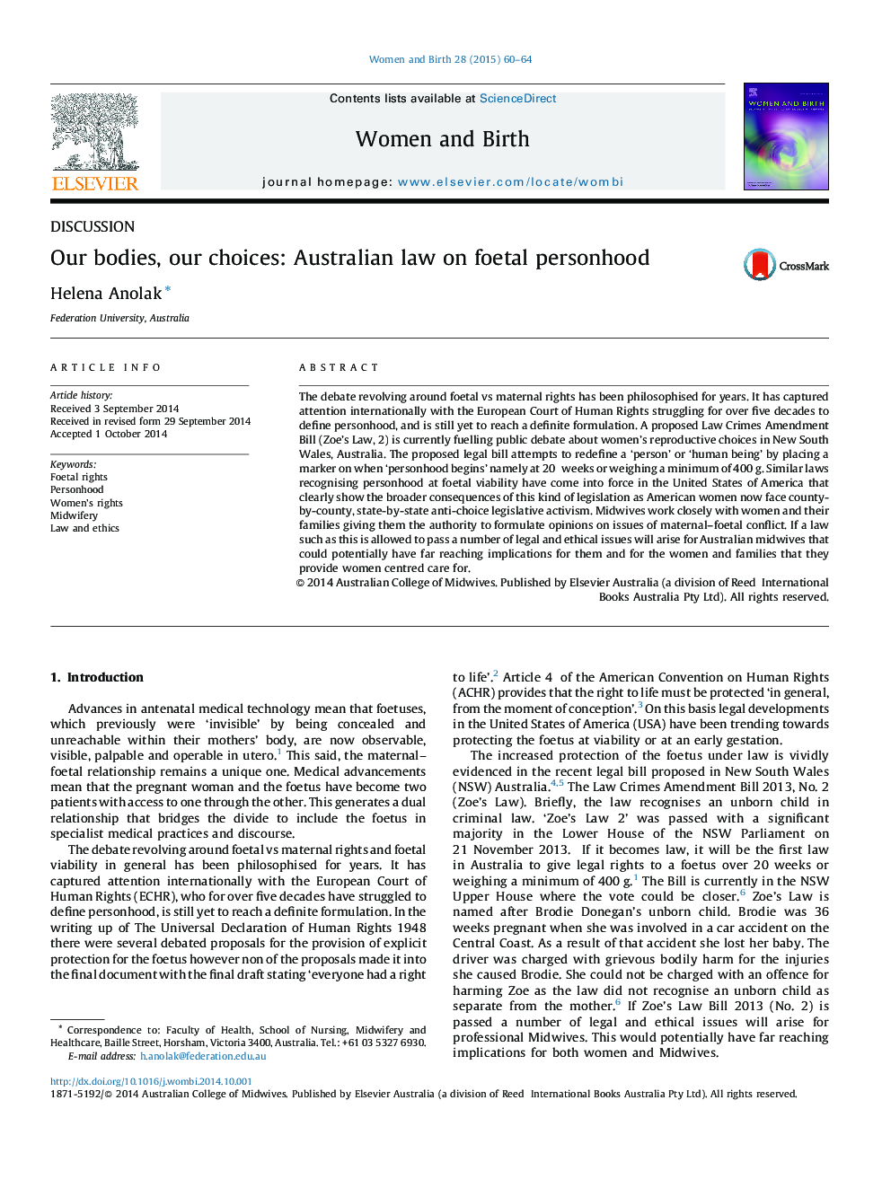 Our bodies, our choices: Australian law on foetal personhood