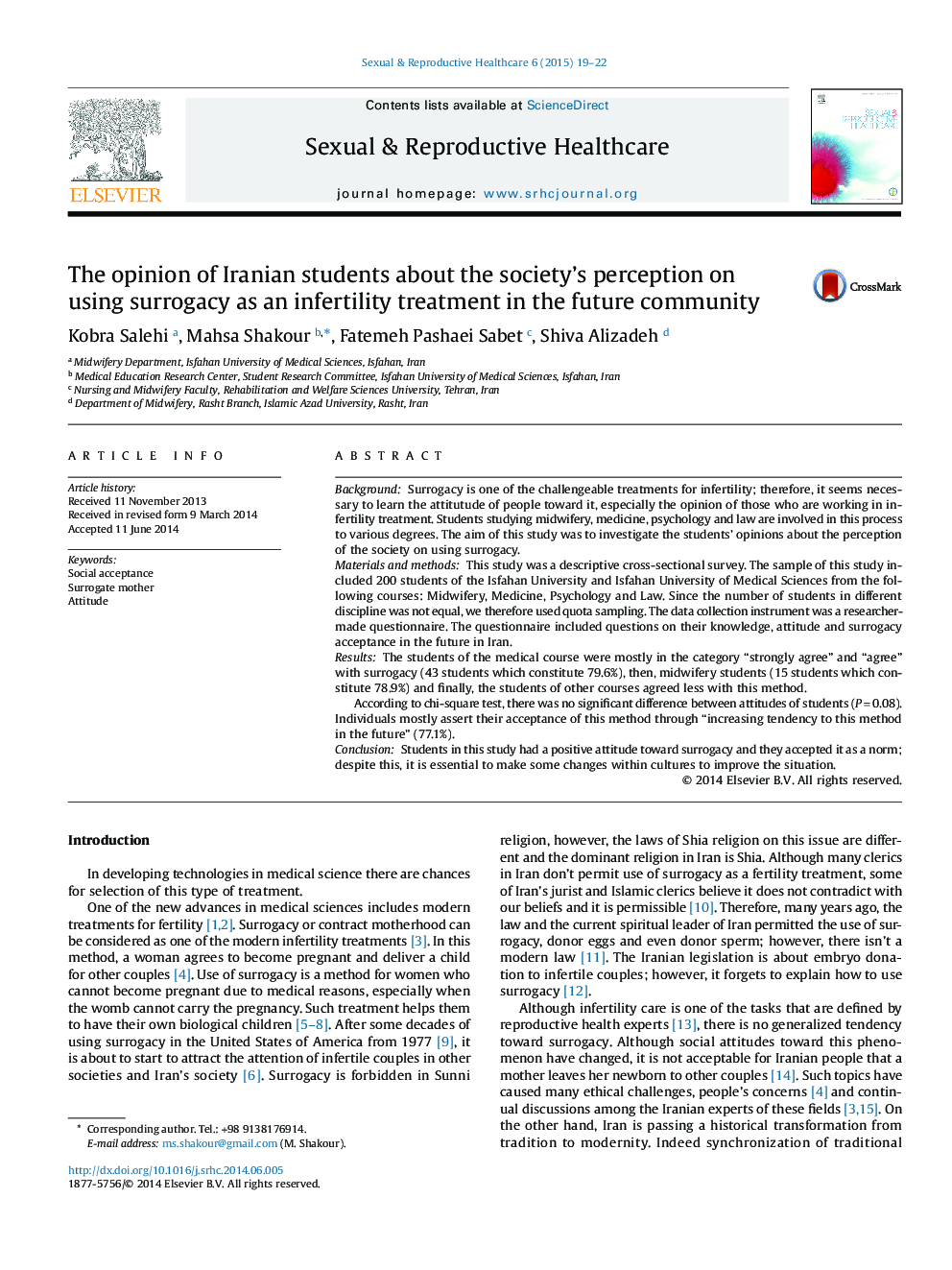 The opinion of Iranian students about the society's perception on using surrogacy as an infertility treatment in the future community