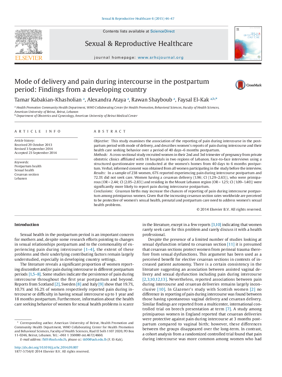 Mode of delivery and pain during intercourse in the postpartum period: Findings from a developing country