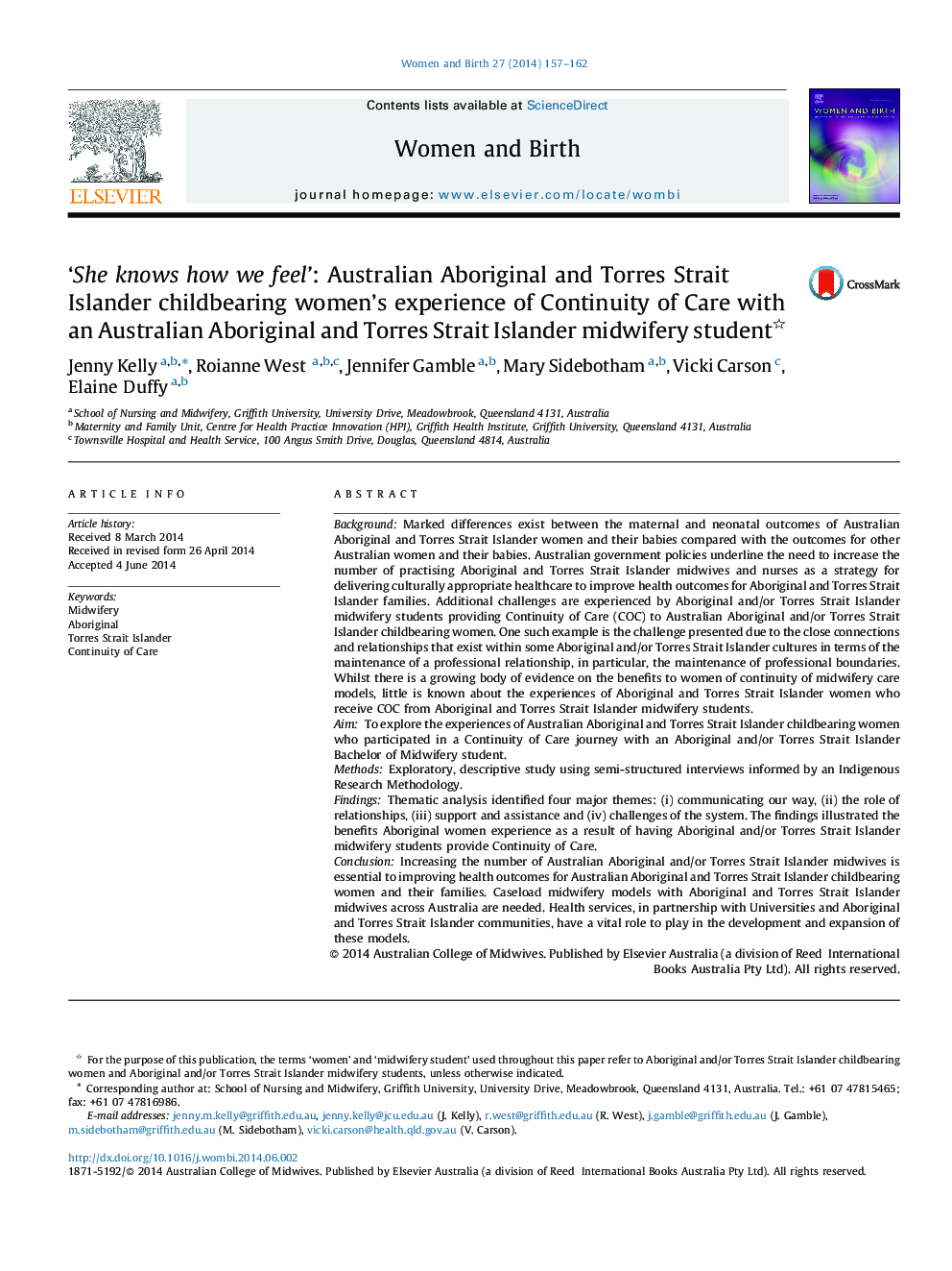 ‘She knows how we feel’: Australian Aboriginal and Torres Strait Islander childbearing women's experience of Continuity of Care with an Australian Aboriginal and Torres Strait Islander midwifery student 