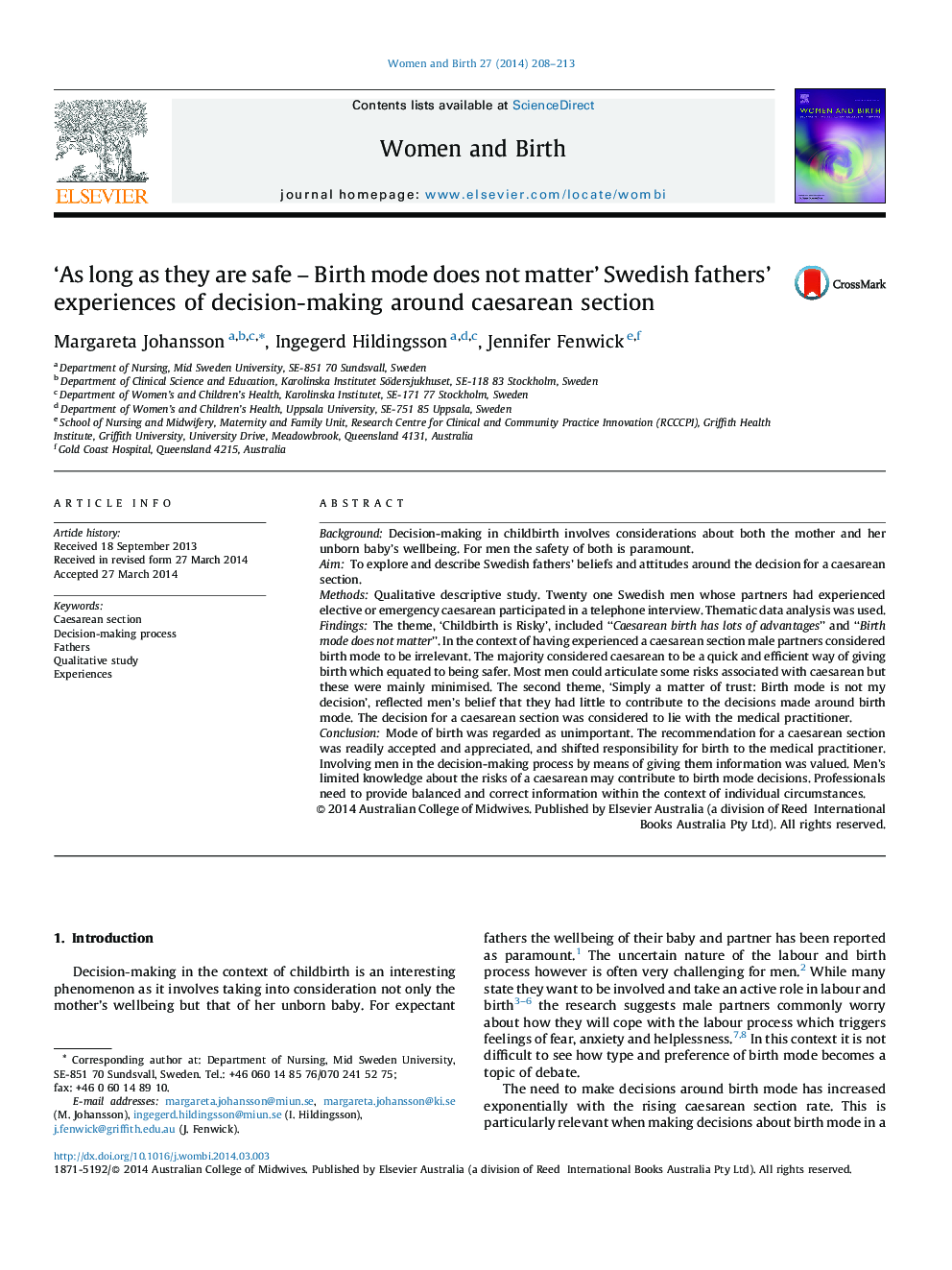 ‘As long as they are safe – Birth mode does not matter’ Swedish fathers’ experiences of decision-making around caesarean section